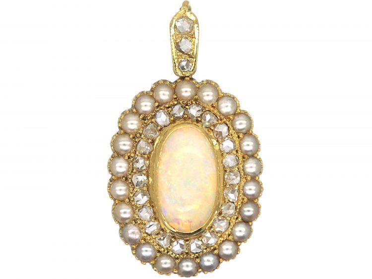 Edwardian 15ct Gold, Opal, Natural  Split Pearl & Rose Diamond Pendant