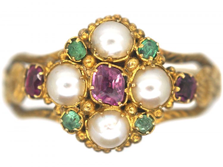 Regency 15ct Gold, Ruby Emerald & Natural Split Pearl Cluster Ring with Glazed Locket on Reverse