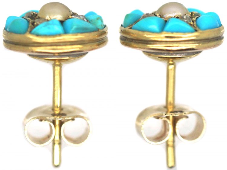 Victorian 18ct Gold, Turquoise, Natural Split Pearl & Rose Diamond Round Earrings