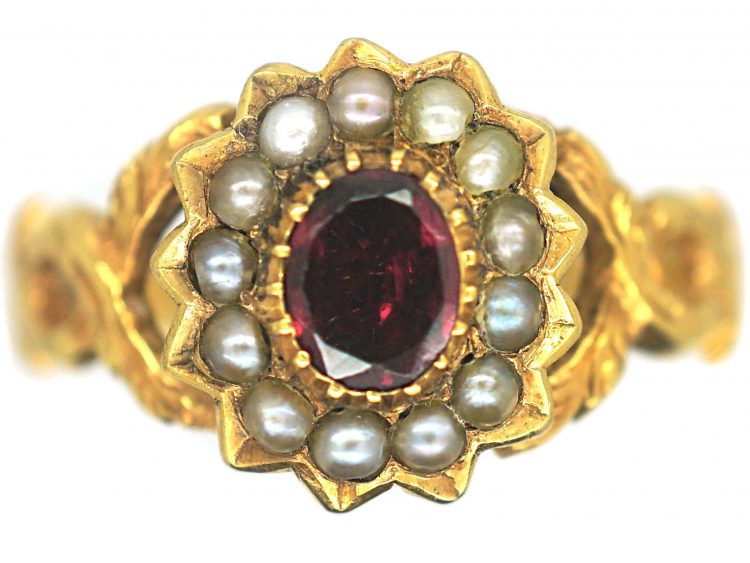 Regency 15ct Gold Flat Cut Garnet & Natural Split Pearl Cluster Ring with Glazed Locket on the Reverse