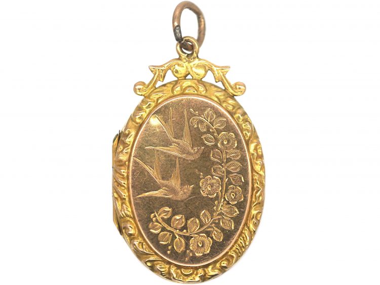 Edwardian 9ct Gold Oval Shaped Locket with Swallows & Flowers Motif