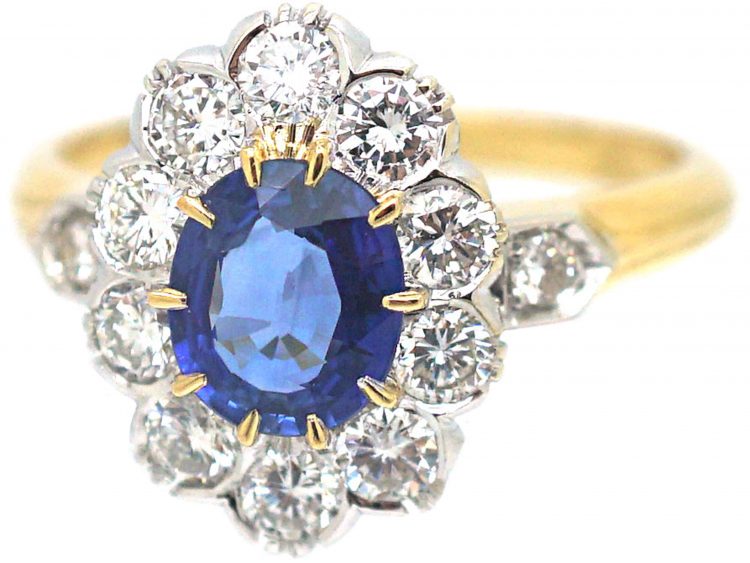 French 18ct Gold, Sapphire & Diamond Oval Cluster Ring with Diamond Set Shoulders