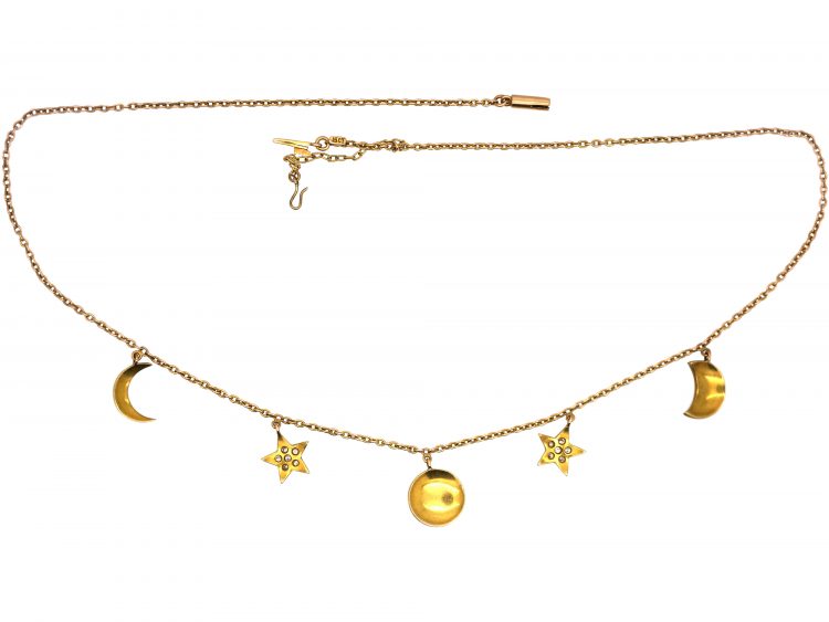Edwardian 15ct Gold Moon & Crescent Necklace set with Natural Split Pearls