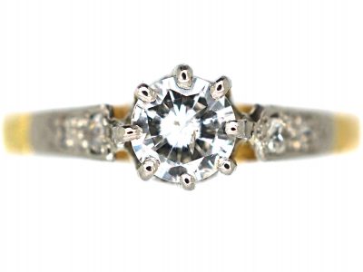 Art Deco 18ct Gold & Platinum, Diamond Solitaire Ring with Diamond Set Shoulders