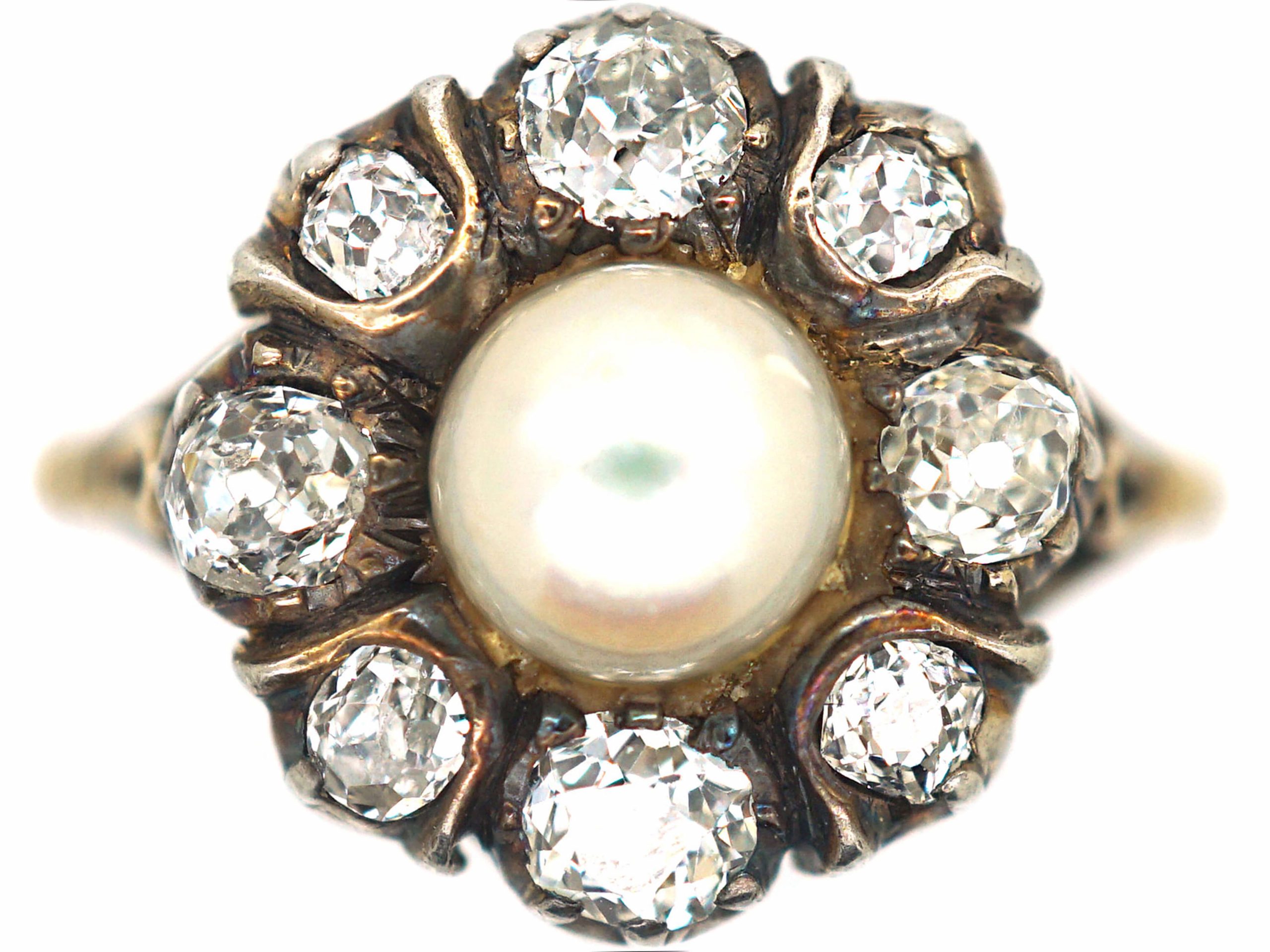 Edwardian 18ct Gold & Silver, Pearl & Diamond Cluster Ring Edwardian 18ct Gold & Silver, Pearl & Diamond Cluster Ring