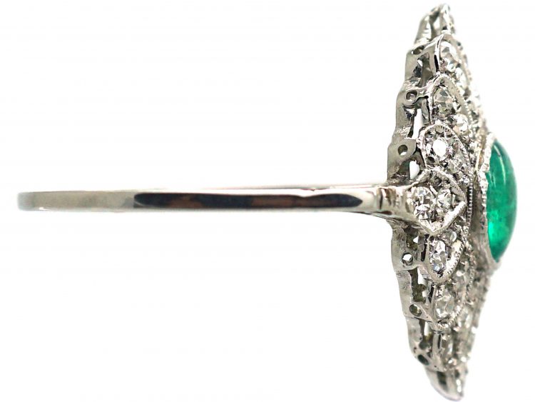 Edwardian Platinum, Cabochon Emerald & Diamond Feathered Ring