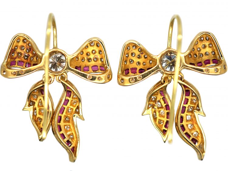 Art Deco 18ct Gold Bow Earrings set with Rubies & Diamonds