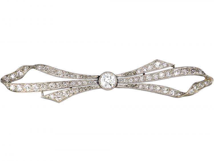 Art Deco 18ct White Gold & Platinum, Diamond Bow Brooch in Original Case
