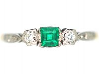 Art Deco 18ct Gold & Platinum, Three Stone Emerald & Diamond Ring