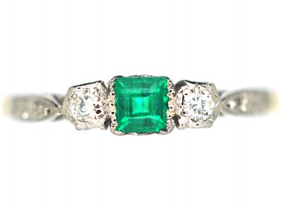 Art Deco 18ct Gold & Platinum, Three Stone Emerald & Diamond Ring