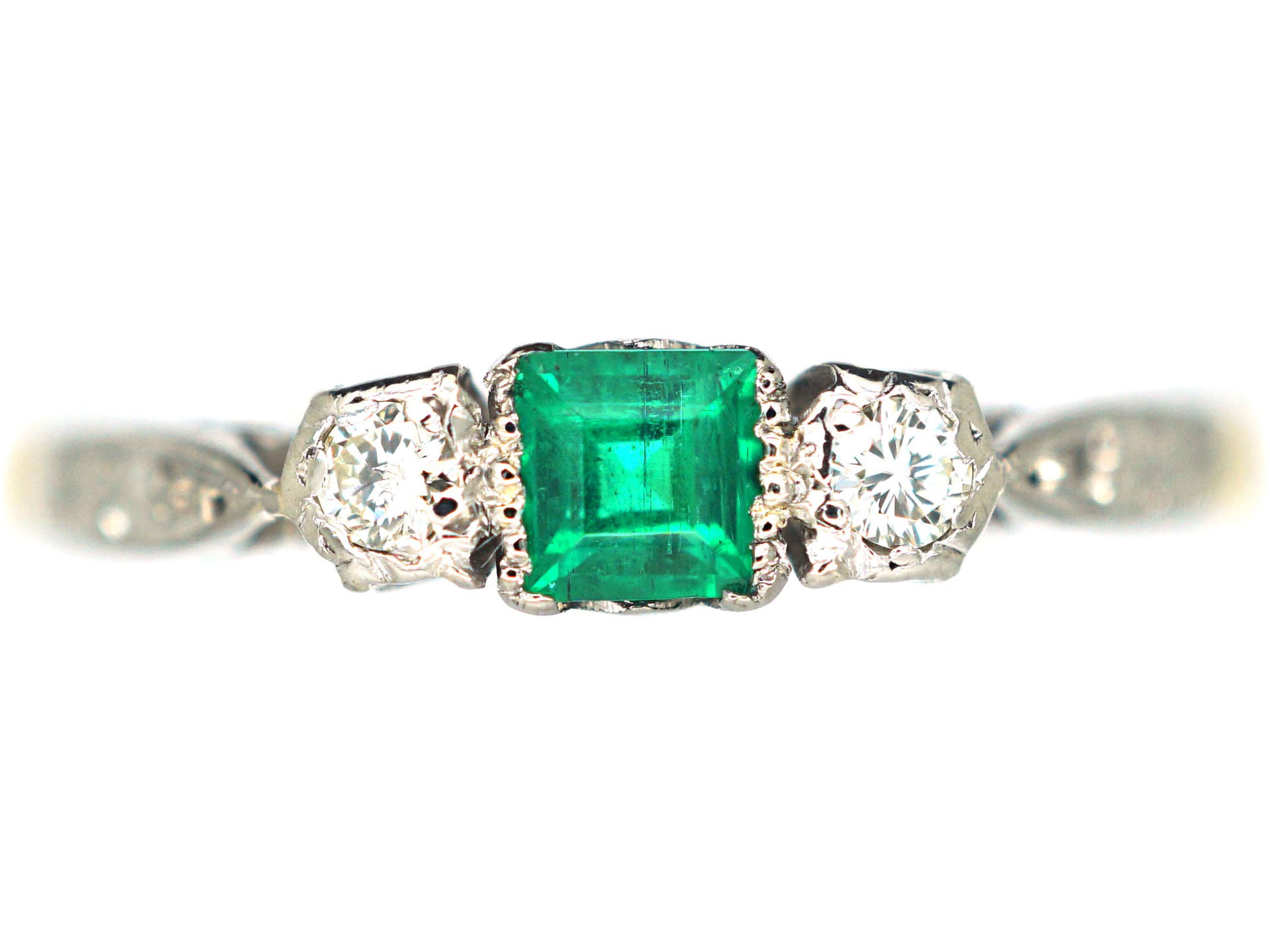Art Deco 18ct Gold & Platinum, Three Stone Emerald & Diamond Ring Art Deco 18ct Gold & Platinum, Three Stone Emerald & Diamond Ring