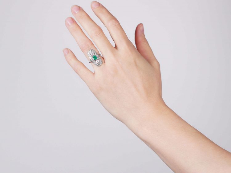 Art Deco Platinum, Emerald & Diamond Plaque Ring with Diamond Set Shoulders
