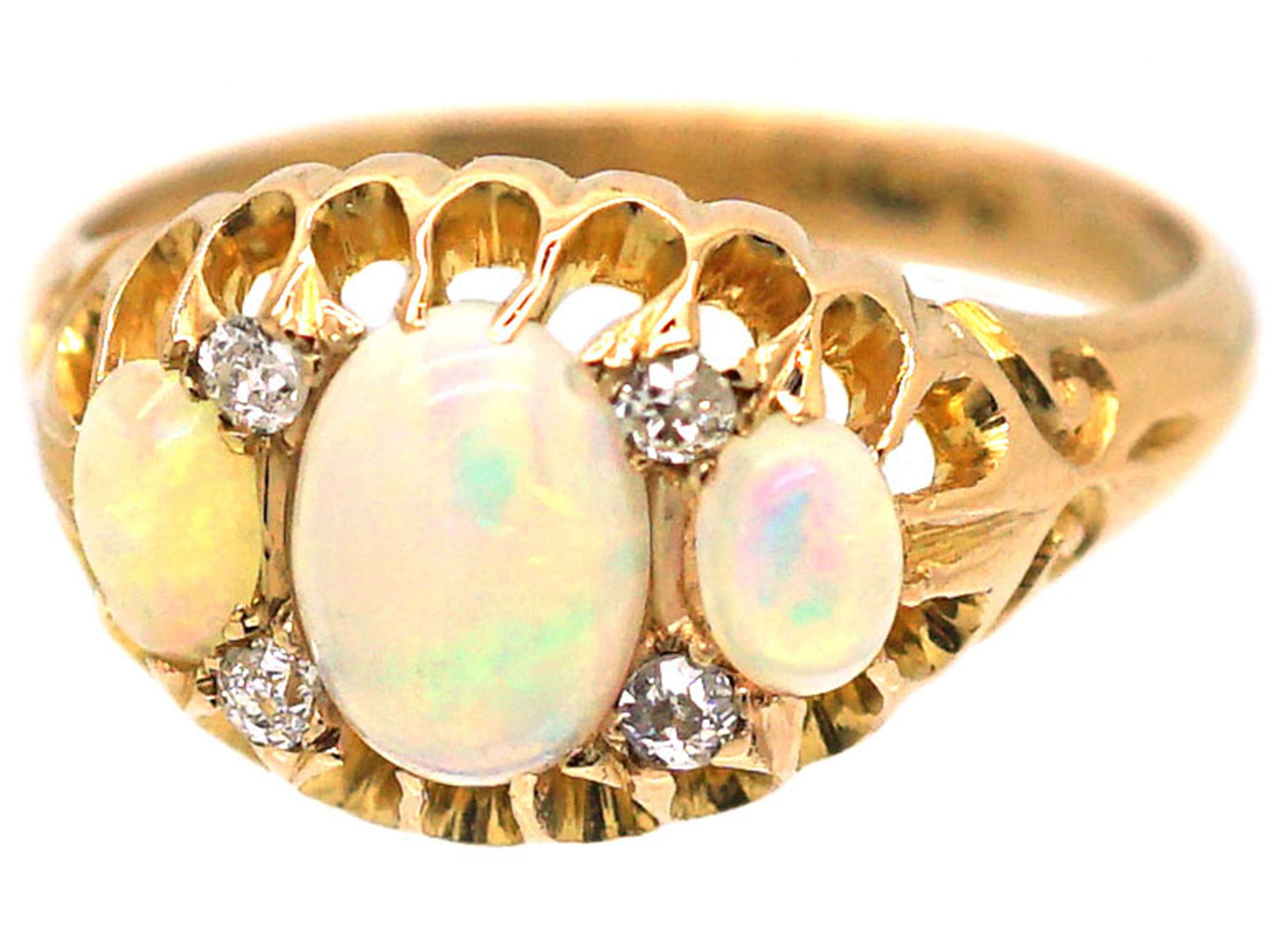 Edwardian 18ct Gold, Three Stone Opal & Diamond Ring (200R) | The ...