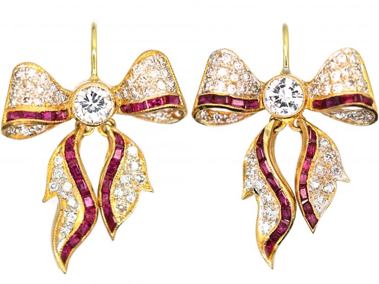 Art Deco 18ct Gold Bow Earrings set with Rubies & Diamonds