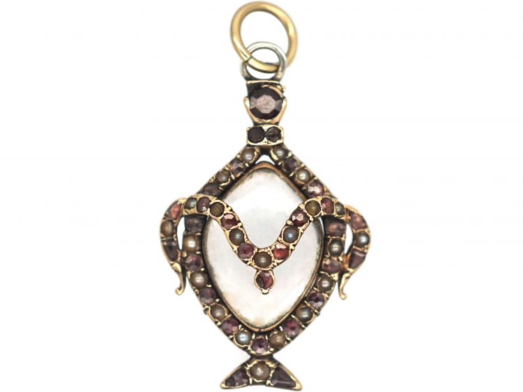Georgian Urn Shaped Pendant set with Natural Split Pearls & Garnets with Hinged Locket on the Reverse