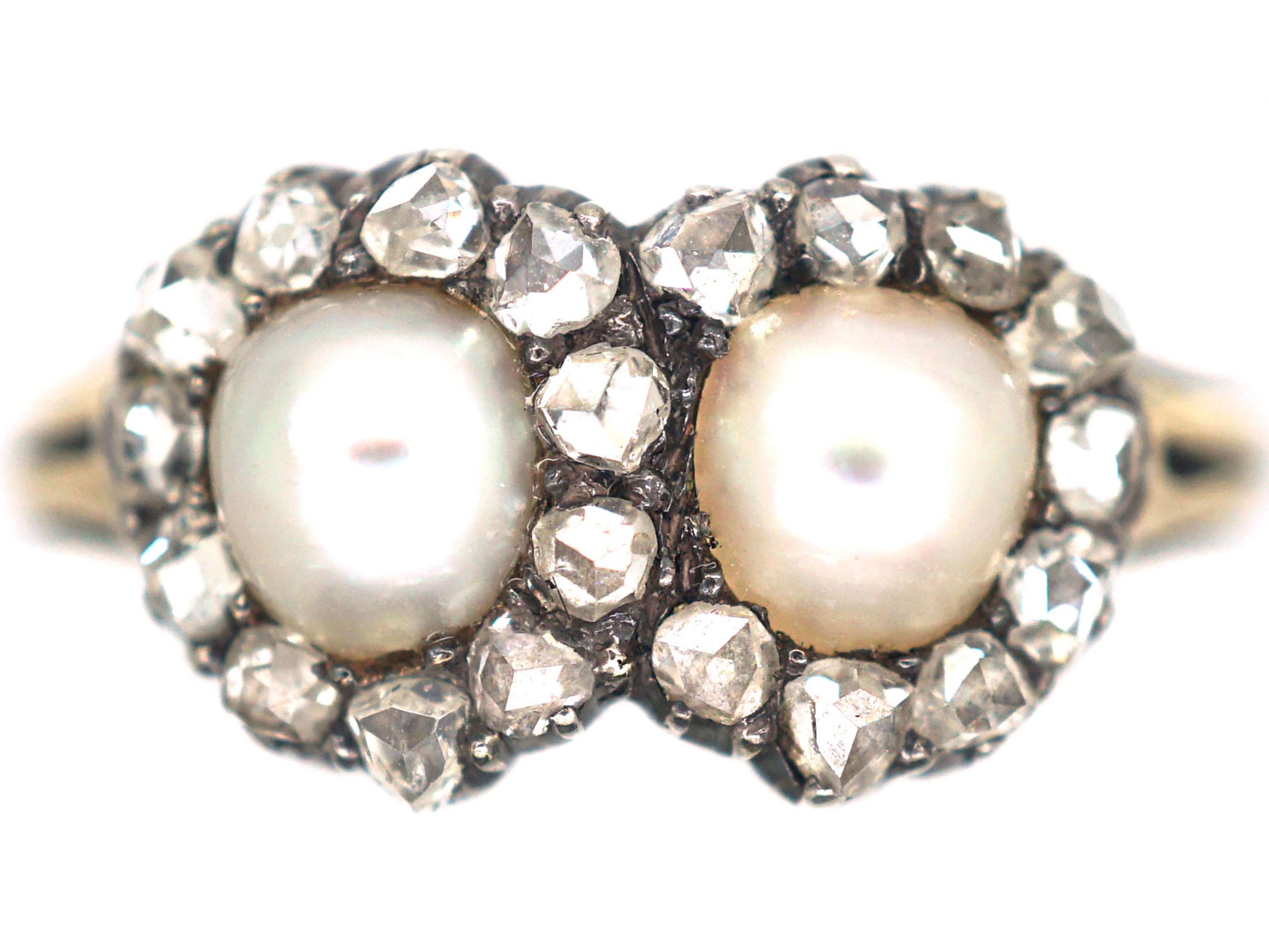 Victorian 18ct Gold Double Heart Ring set with Natural Pearls & Rose Diamonds Victorian 18ct Gold Double Heart Ring set with Natural Pearls & Rose Diamonds