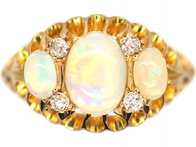 Edwardian 18ct Gold, Three Stone Opal & Diamond Ring