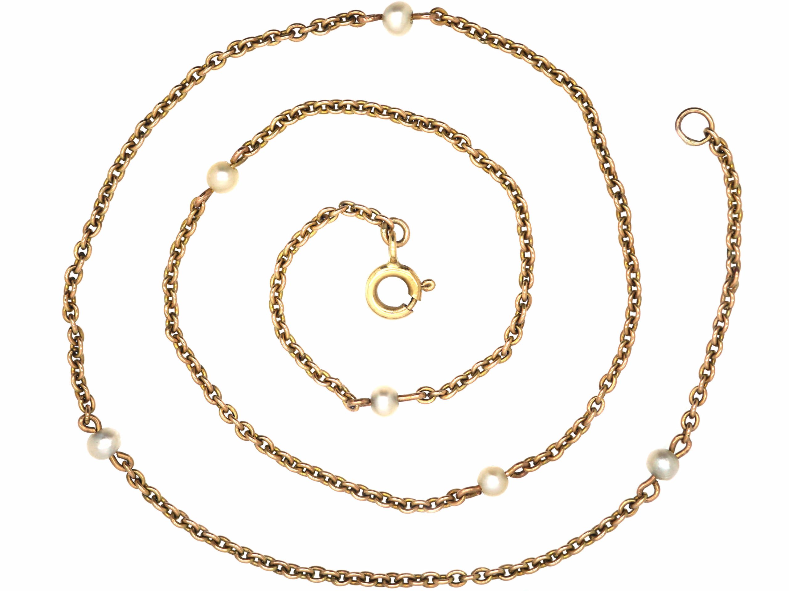 Edwardian 15ct Gold & Natural Pearl Chain with 9ct Gold Spring Clasp ...