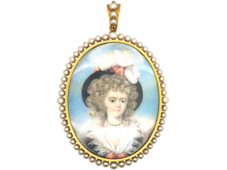 Large Regency Miniature Possibly of Georgiana Duchess of Devonshire in an 18ct Gold & Natural Pearl Frame