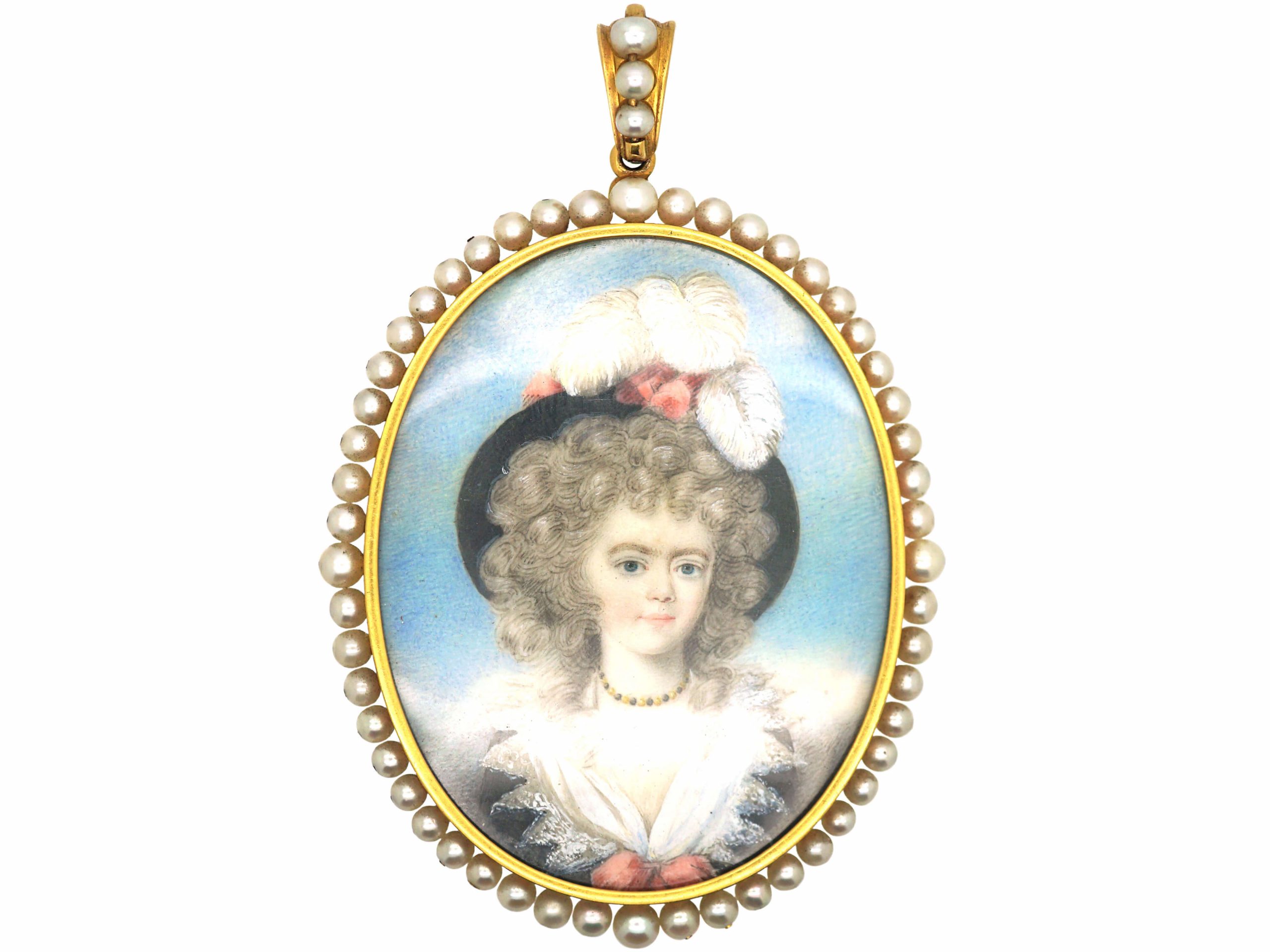Large Regency Miniature Possibly of Georgiana Duchess of Devonshire in an 18ct Gold & Natural Pearl Frame Large Regency Miniature Possibly of Georgiana Duchess of Devonshire in an 18ct Gold & Natural Pearl Frame