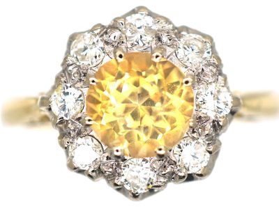 18ct Gold & Platinum, Yellow Sapphire & Diamond Cluster Ring