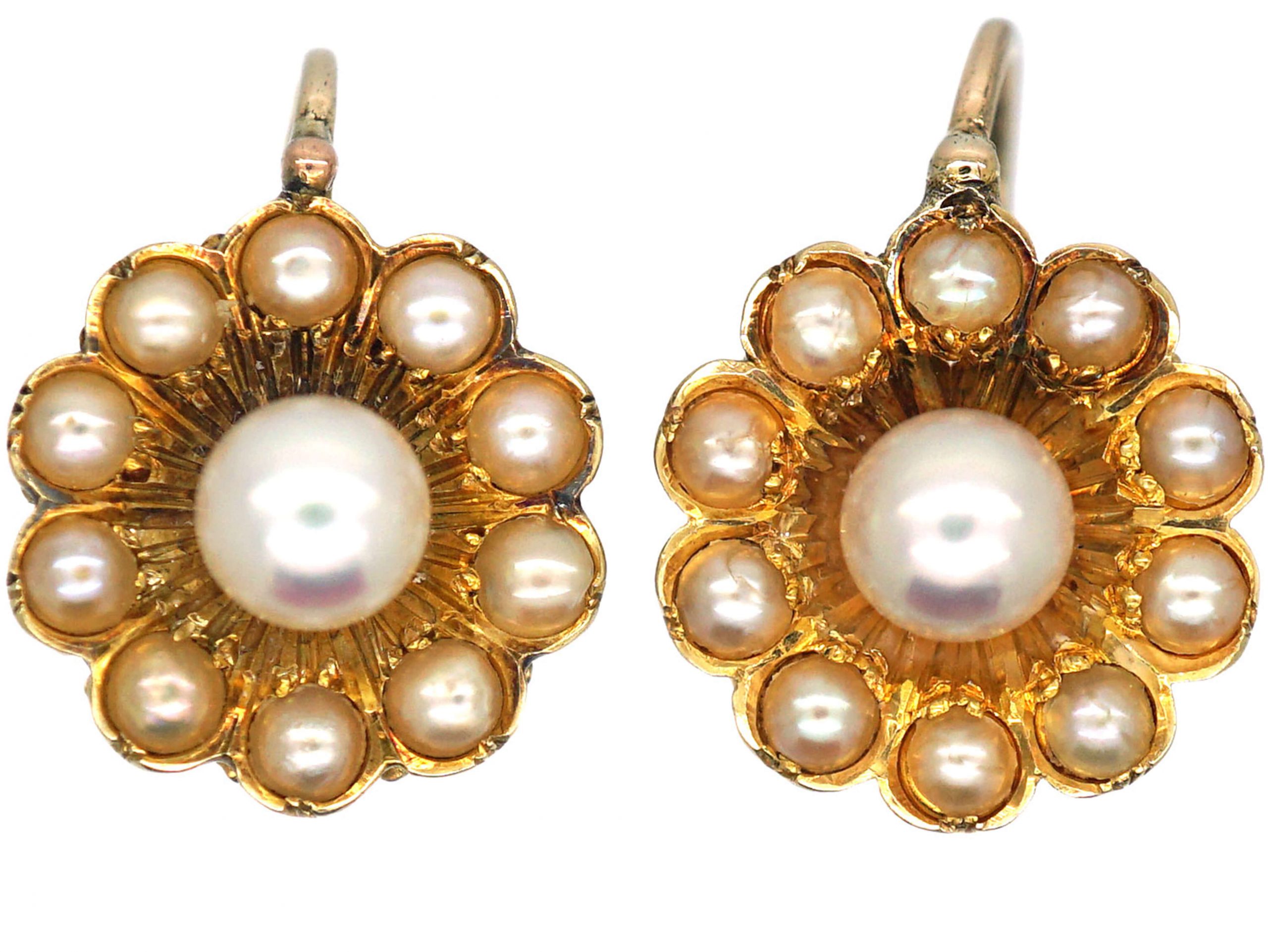 Victorian 15ct Gold Daisy Earrings set with Natural Split Pearls Victorian 15ct Gold Daisy Earrings set with Natural Split Pearls