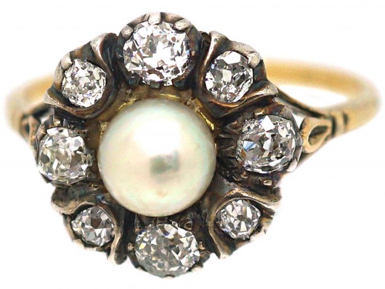 Edwardian 18ct Gold & Silver, Pearl & Diamond Cluster Ring