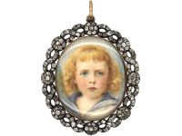 Victorian 18ct Gold & Silver Miniature of Boy in Rose Diamond Set Mount Pendant