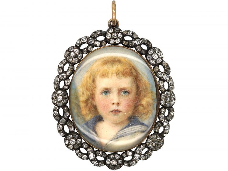 Victorian 18ct Gold & Silver Miniature of Boy in Rose Diamond Set Mount Pendant