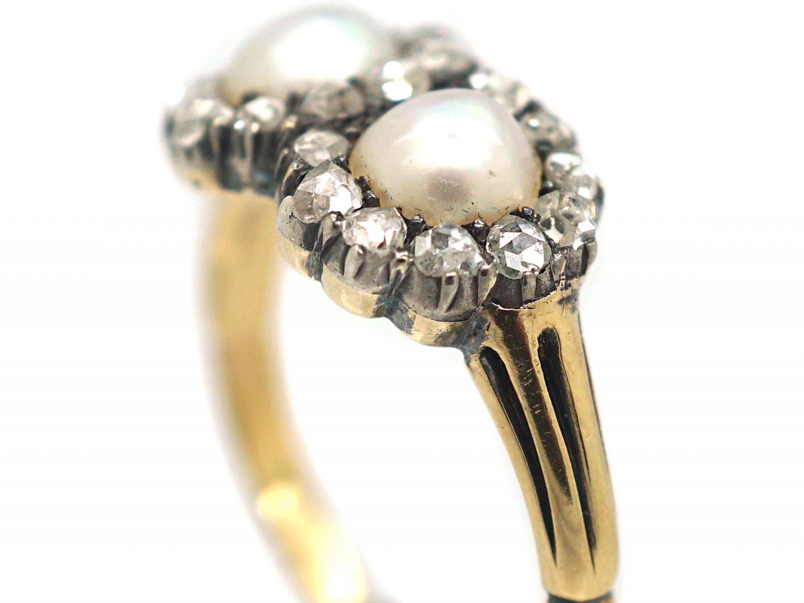 Victorian 18ct Gold Double Heart Ring set with Natural Pearls & Rose ...