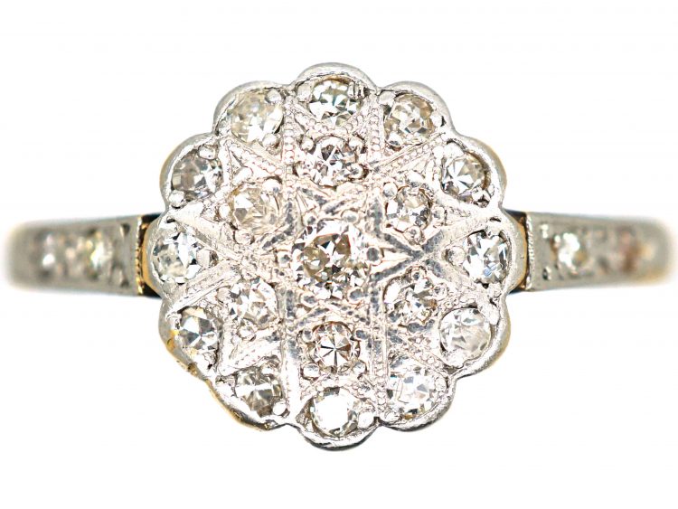 Edwardian 18ct Gold & Platinum, Diamond Cluster Ring with Star Shaped Setting & Diamond shoulders