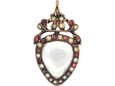 Georgian Heart Shaped Pendant set with Garnets & Natural Split Pearls with Hinged Locket on the Reverse