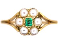 Victorian 18ct Gold Flower Cluster Ring set with an Emerald & Natural Split Pearls