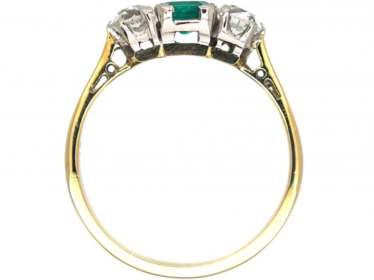 Art Deco 18ct & Platinum, Emerald & Diamond Three Stone Ring