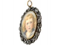 Victorian 18ct Gold & Silver Miniature of Boy in Rose Diamond Set Mount Pendant