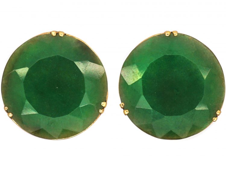 Art Deco 18ct Gold & Nephrite Large Round Earrings
