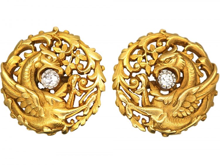 French Art Nouveau 18ct Gold & Diamond Griffin Cufflinks