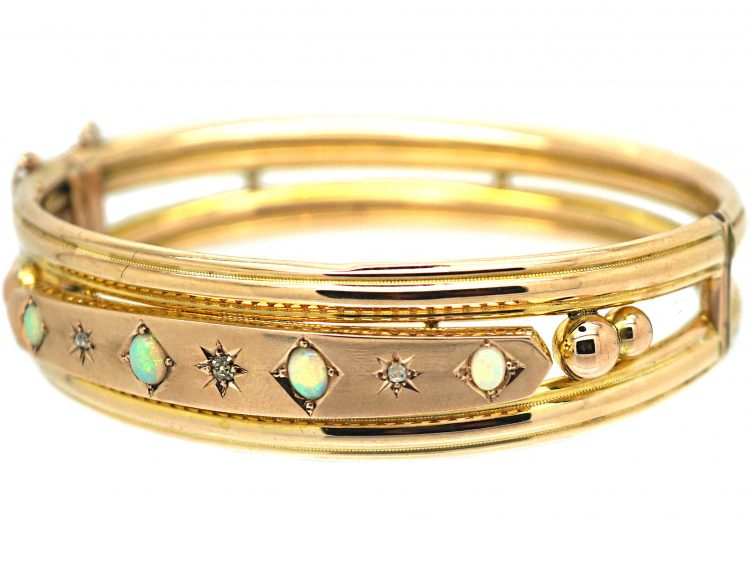 Victorian 9ct Gold Bangle set with Opals & Diamonds