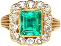 Victorian 15ct Gold, Emerald & Diamond Rectangular Cluster Ring