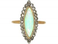 French 18ct Gold Belle Epoque Opal & Rose Diamond Marquise Ring
