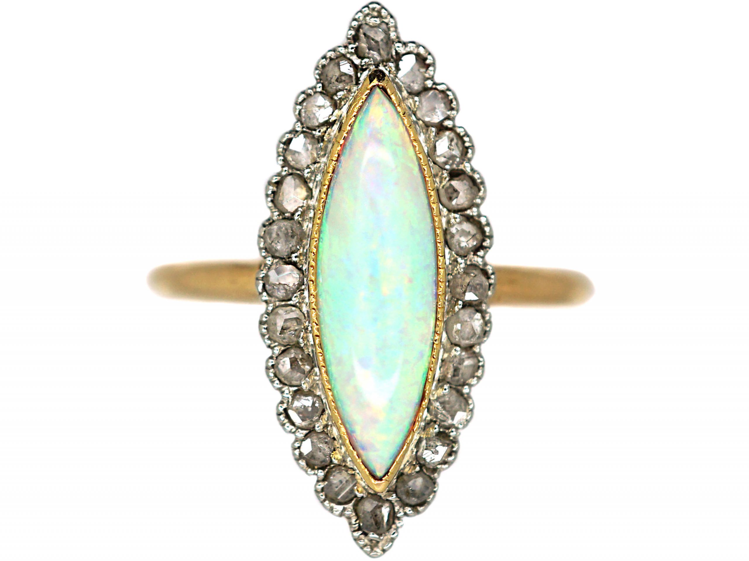 French 18ct Gold Belle Epoque Opal & Rose Diamond Marquise Ring (122R ...