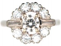 18ct White Gold, Diamond Cluster Ring with Round & Baguette Diamonds