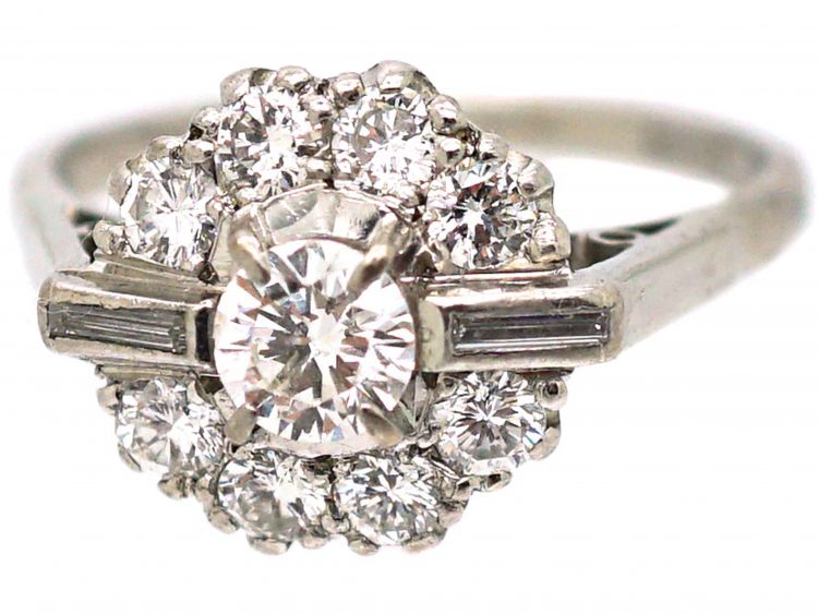 18ct White Gold, Diamond Cluster Ring with Round & Baguette Diamonds