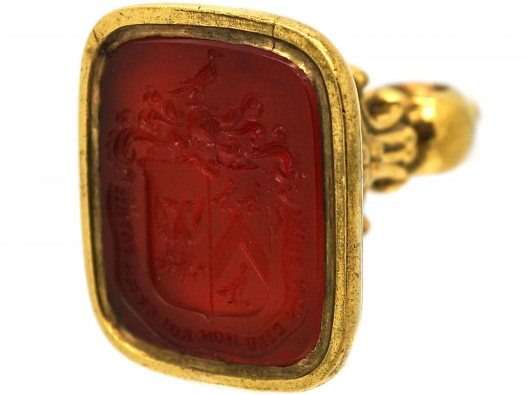 Large 18ct Gold Georgian Seal with Carnelian Intaglio of a Coat of Arms for the Kerwan Family
