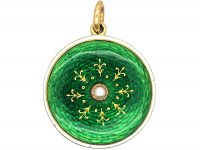 Edwardian 18ct Gold Green & White Enamel Round Locket with Natural Split Pearl in the Centre