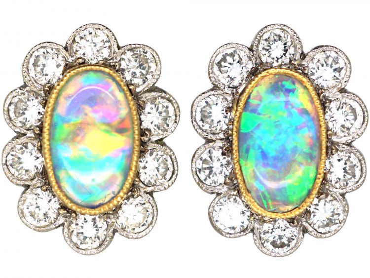 Edwardian 18ct Gold & Platinum, Opal & Diamond Oval Cluster Earrings