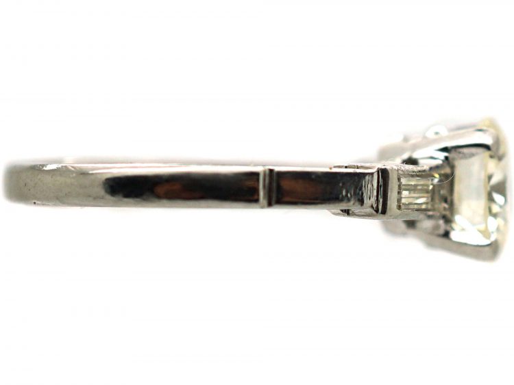 Art Deco Platinum, Diamond Solitaire Ring with Baguette Diamond Shoulders