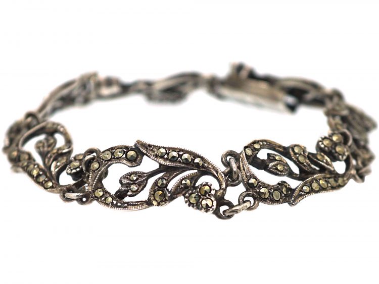 Art Deco Silver & Marcasite Floral Design Bracelet
