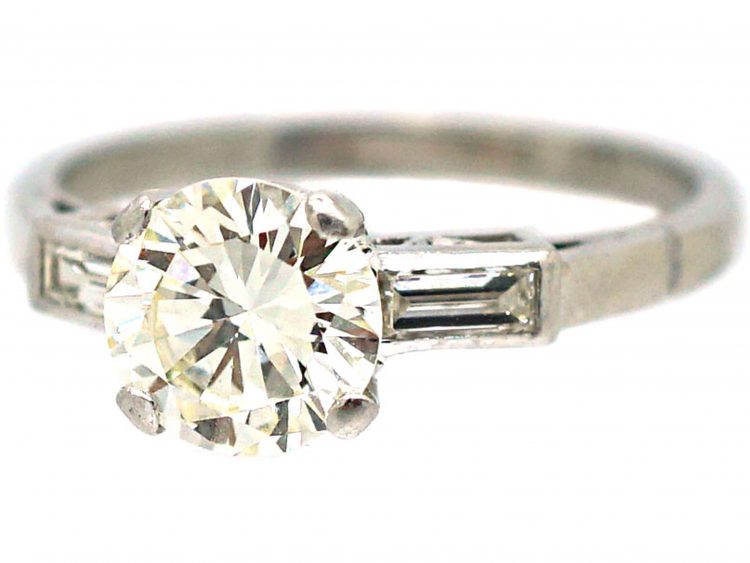 Art Deco Platinum, Diamond Solitaire Ring with Baguette Diamond Shoulders
