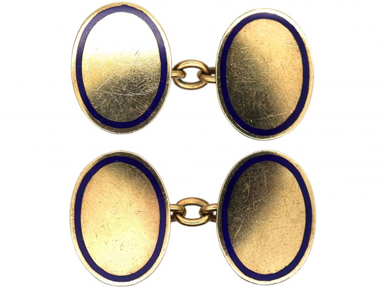 9ct Gold Oval Cufflinks With Royal Blue Enamel Border